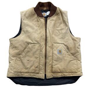 Carhartt Vtg Canvas Duck Vest Men’s XL Quilt Lined Tan Faded Distressed READ